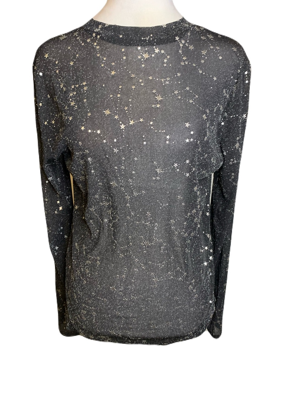 Sheer Black Silver Star Print Medium Long Sleeve Top Celestial Astrological